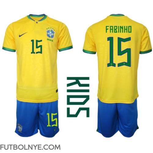 Camiseta Brasil Fabinho #15 Primera Equipación para niños Mundial 2022 manga corta (+ pantalones cortos)
